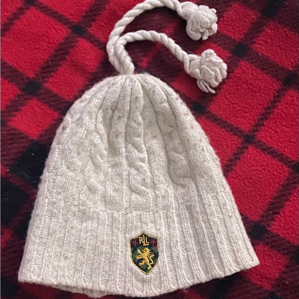 Youth cream beanie hat with tassels